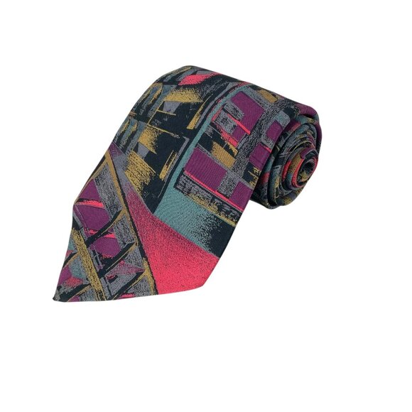 Alcione Milano Silk Made in Italy Red/Blue Geometric Abstract Pattern Necktie - Picture 1 of 6